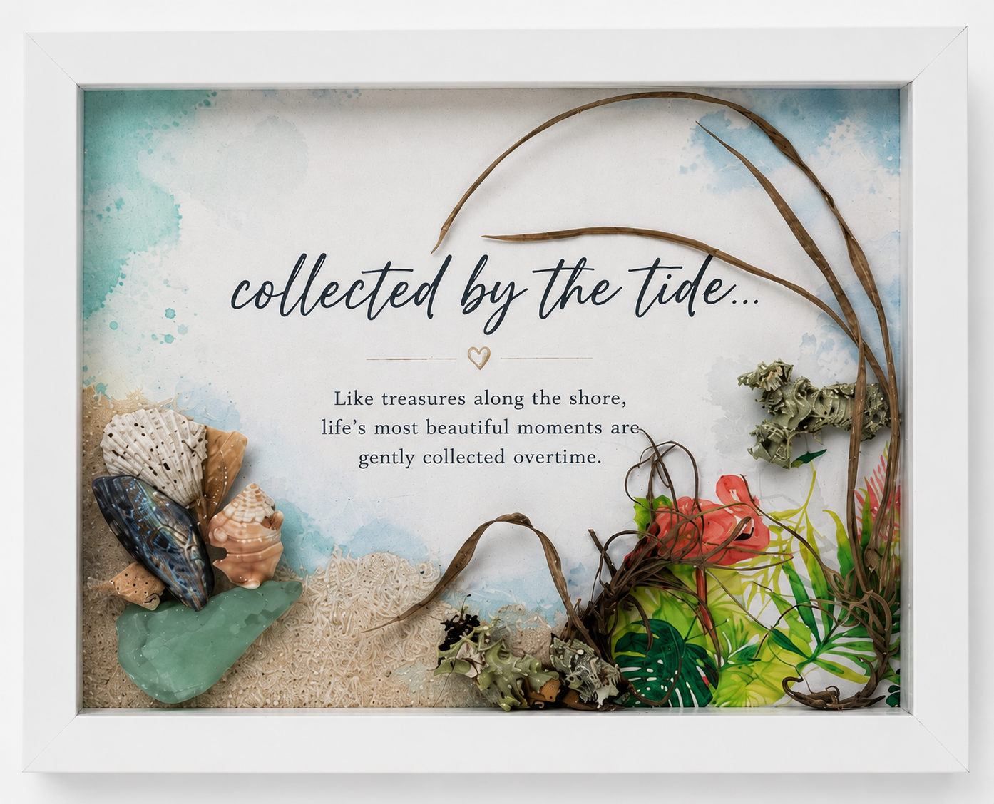 Collected by the Tide Coastal Shadow Box Art – Handmade Sea Glass & Shell Wall Décor – 8x10 White Framed Beach Artwork