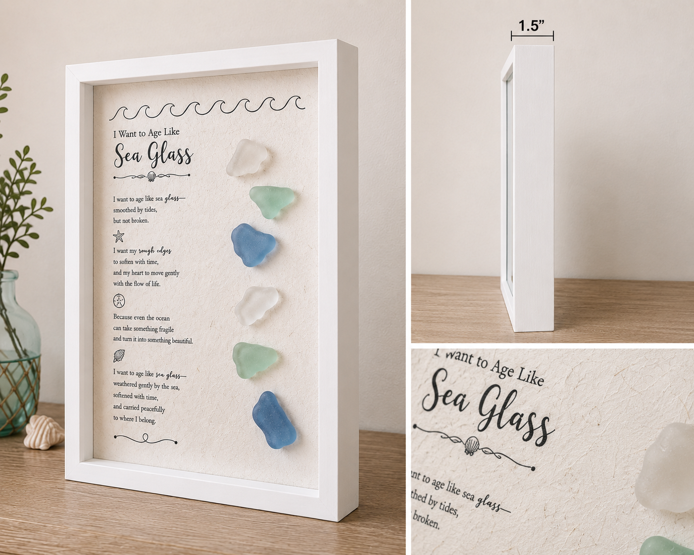 Handmade Sea Glass Shadow Box Art “I Want to Age Like Sea Glass” Coastal Decor