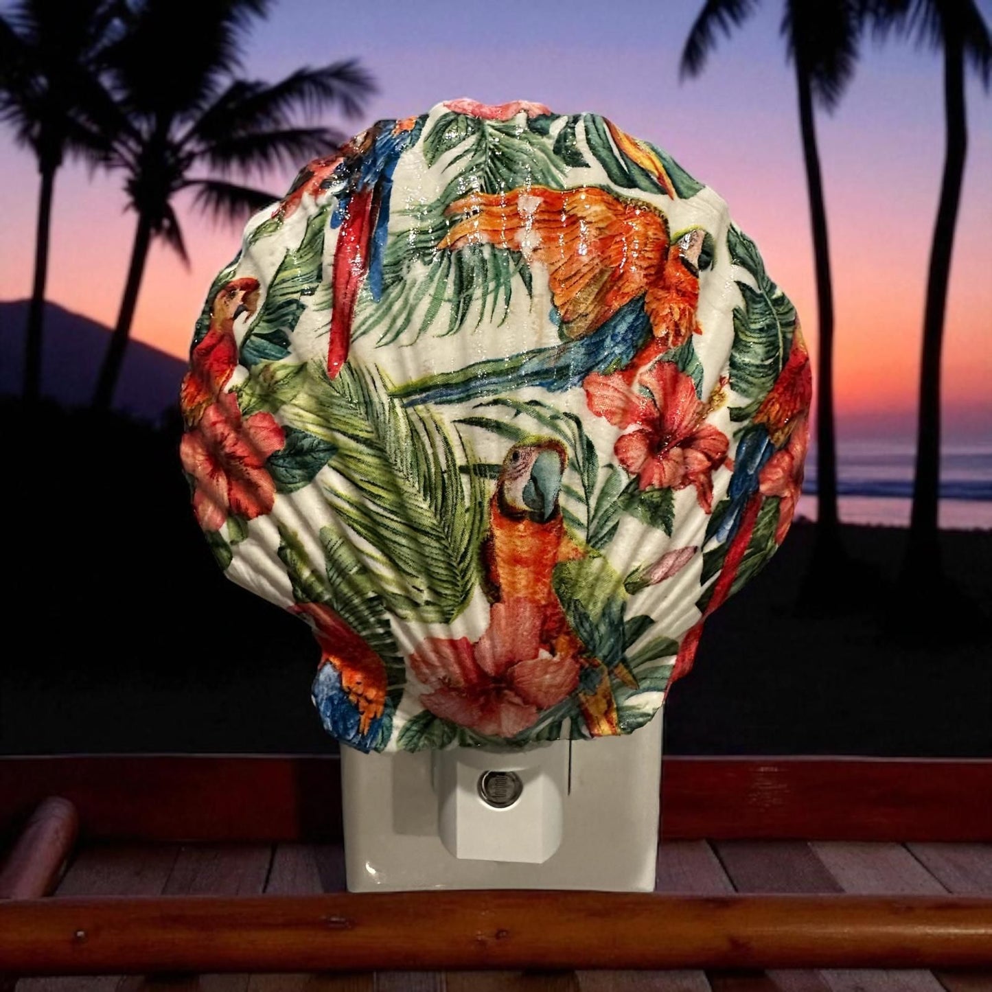 Scallop Nightlight- Tropical Parrots- Auto Sensor On/Off LED- Beach Home Decor