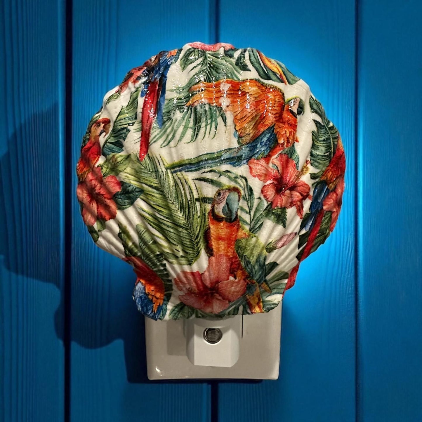 Scallop Nightlight- Tropical Parrots- Auto Sensor On/Off LED- Beach Home Decor