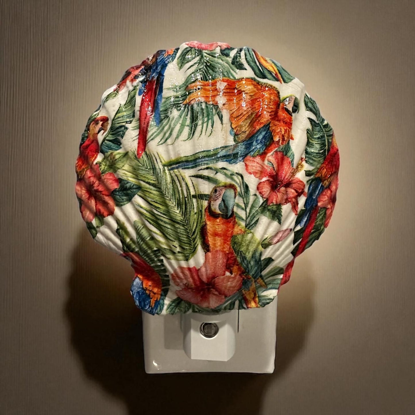 Scallop Nightlight- Tropical Parrots- Auto Sensor On/Off LED- Beach Home Decor