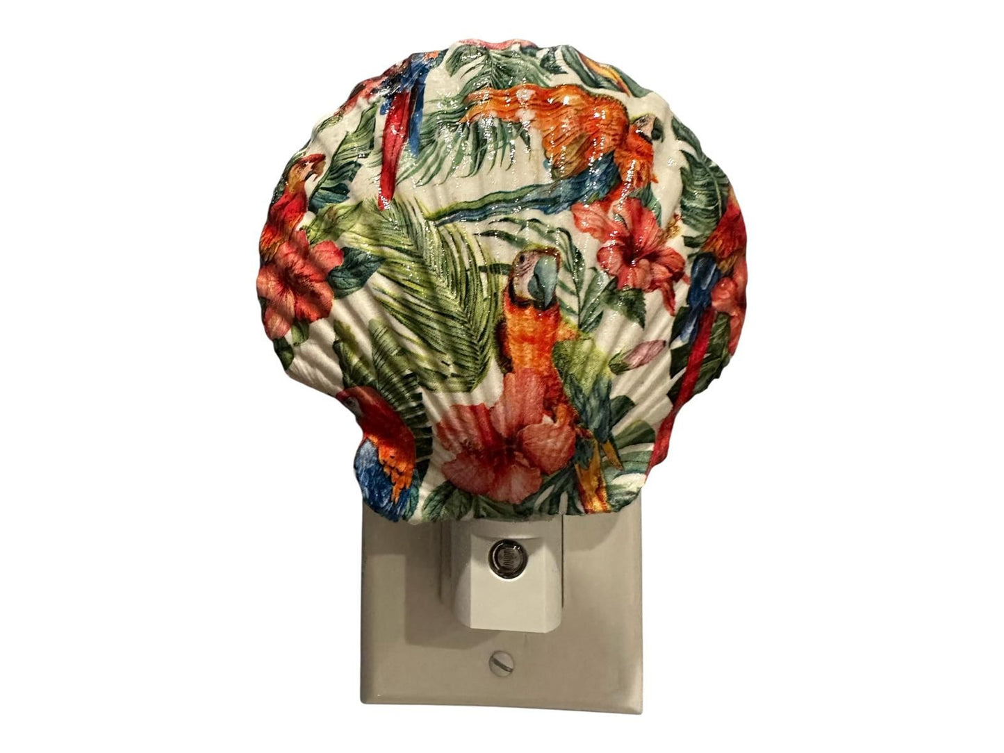 Scallop Nightlight- Tropical Parrots- Auto Sensor On/Off LED- Beach Home Decor