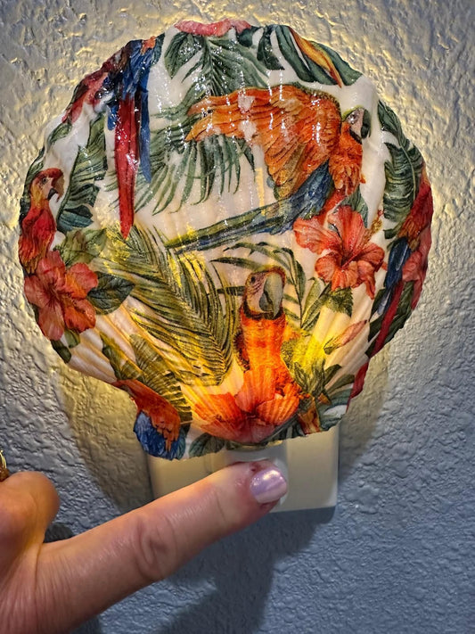 Scallop Nightlight- Tropical Parrots- Auto Sensor On/Off LED- Beach Home Decor