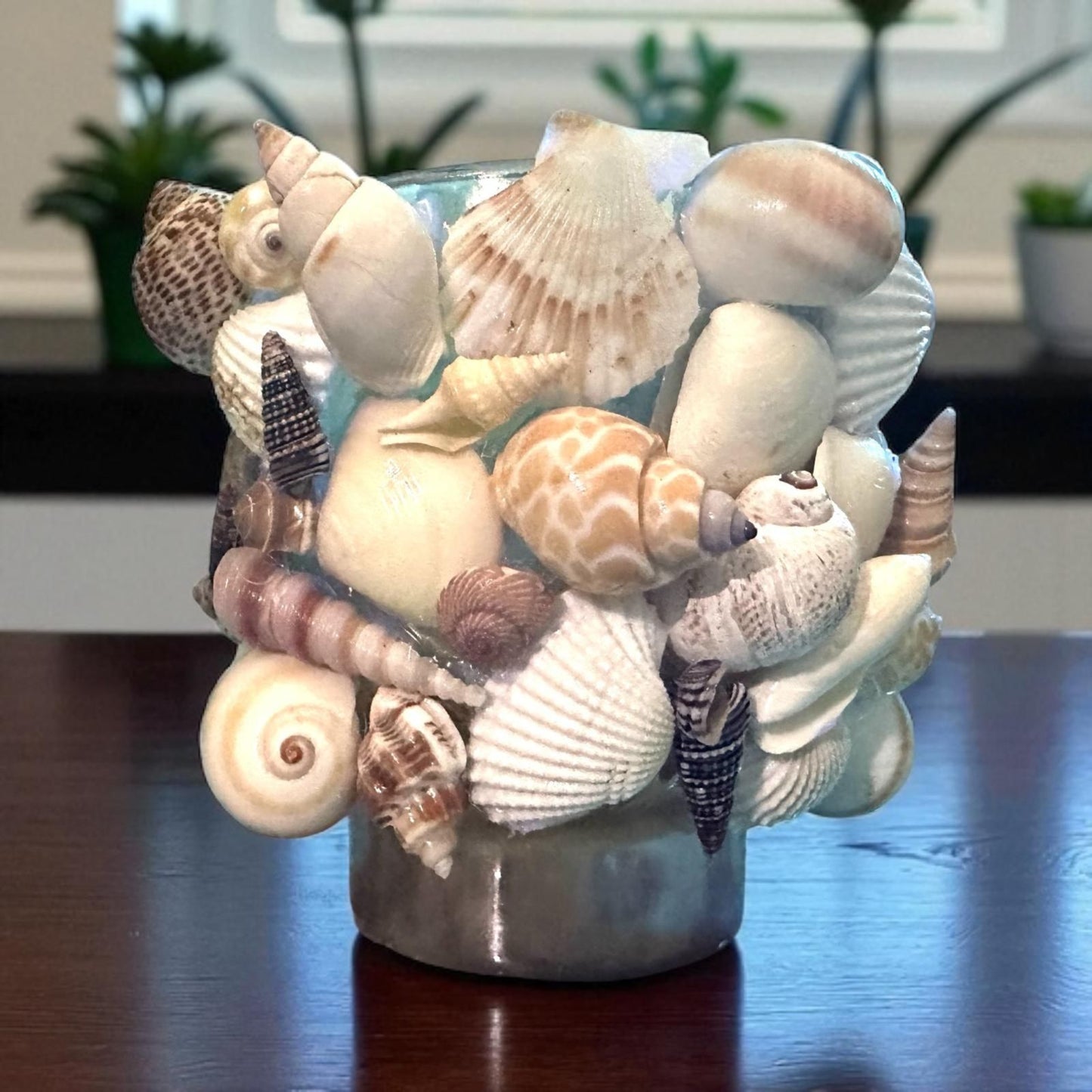 Glass Natural Shell Candle Holder with Candle- 2 Candle Scent Options- "Calme" & "Restablissment"