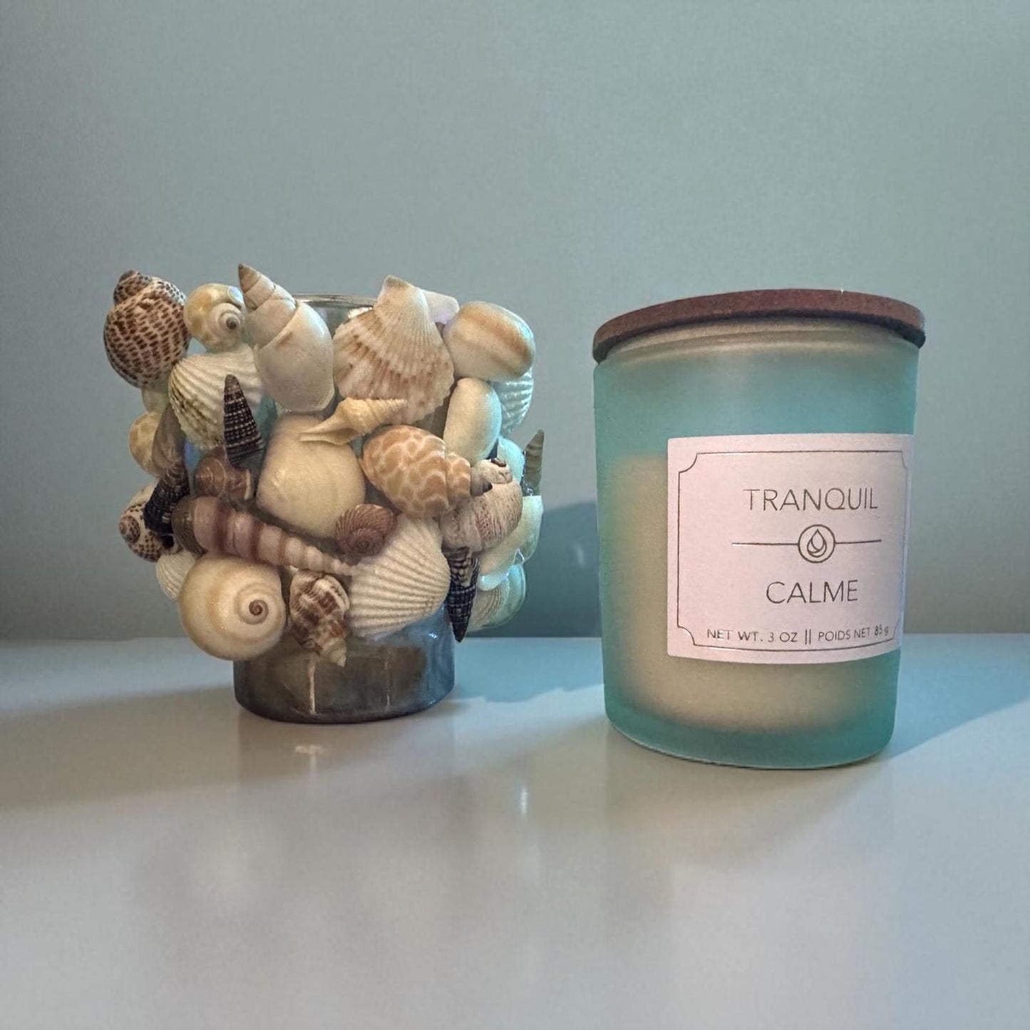 Glass Natural Shell Candle Holder with Candle- 2 Candle Scent Options- "Calme" & "Restablissment"