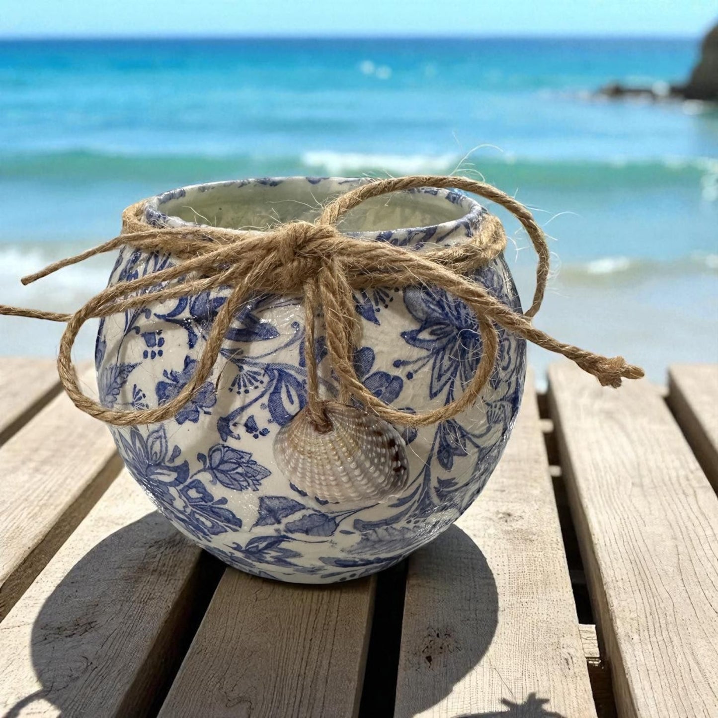 Glass Decoupage Candle Holder & Candle- Blue Flowers with Jute/Shell Charm