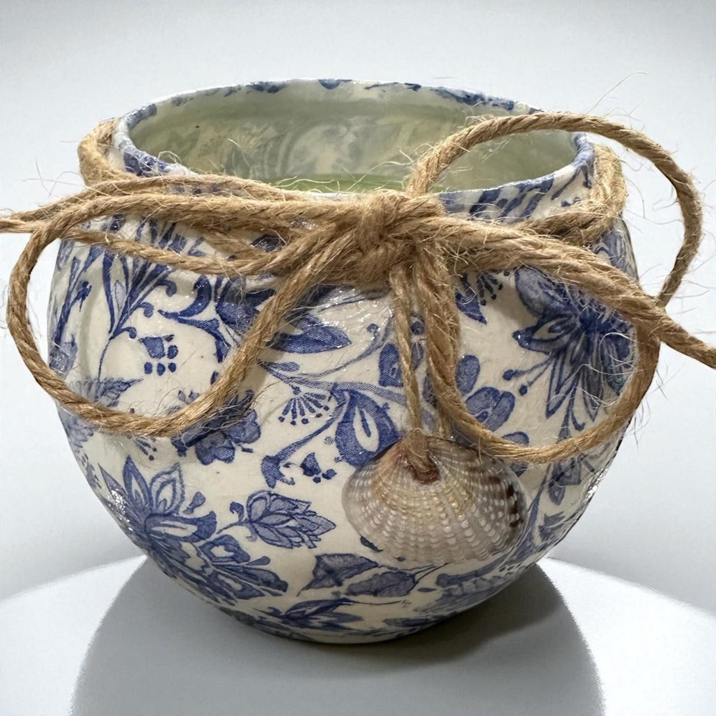 Glass Decoupage Candle Holder & Candle- Blue Flowers with Jute/Shell Charm