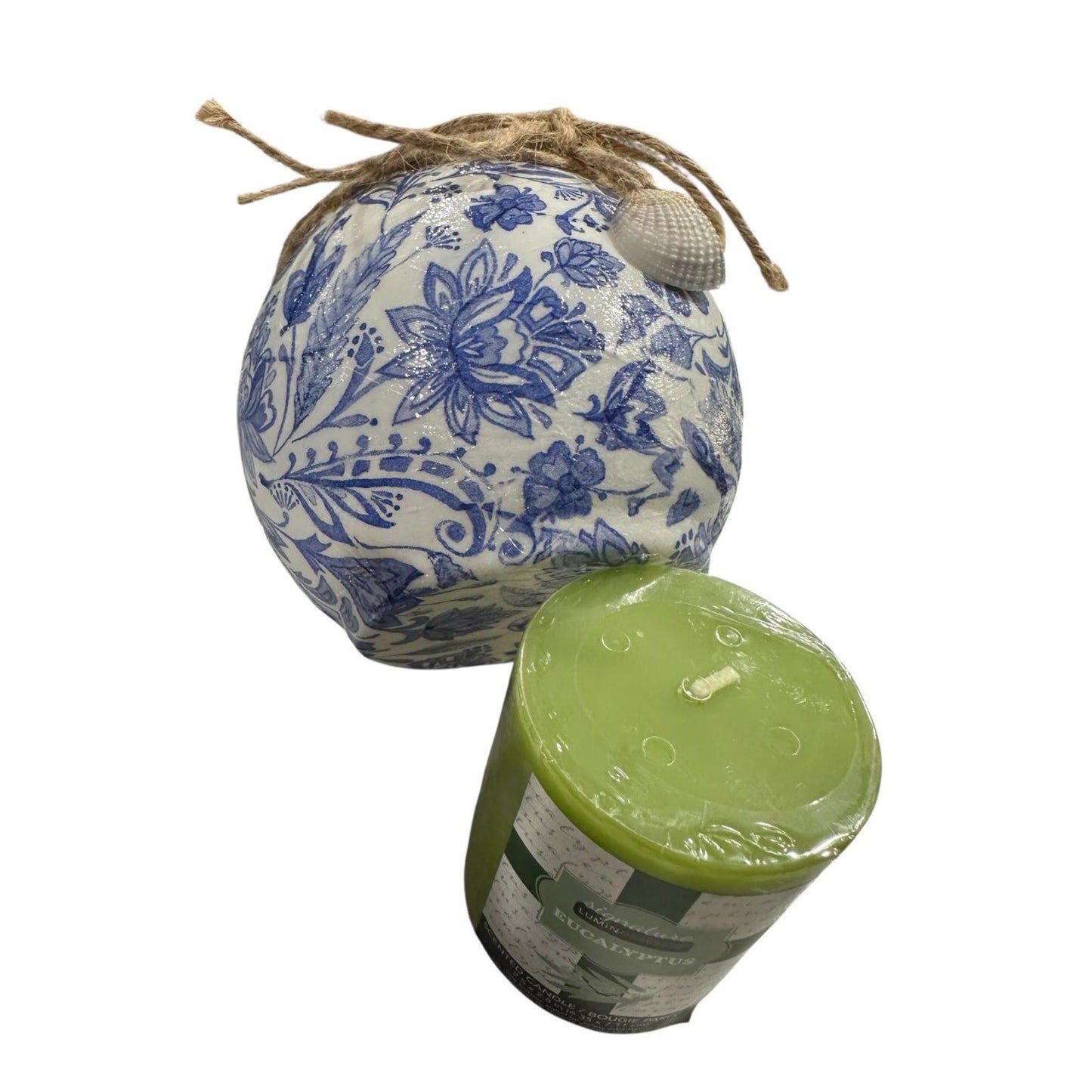 Glass Decoupage Candle Holder & Candle- Blue Flowers with Jute/Shell Charm