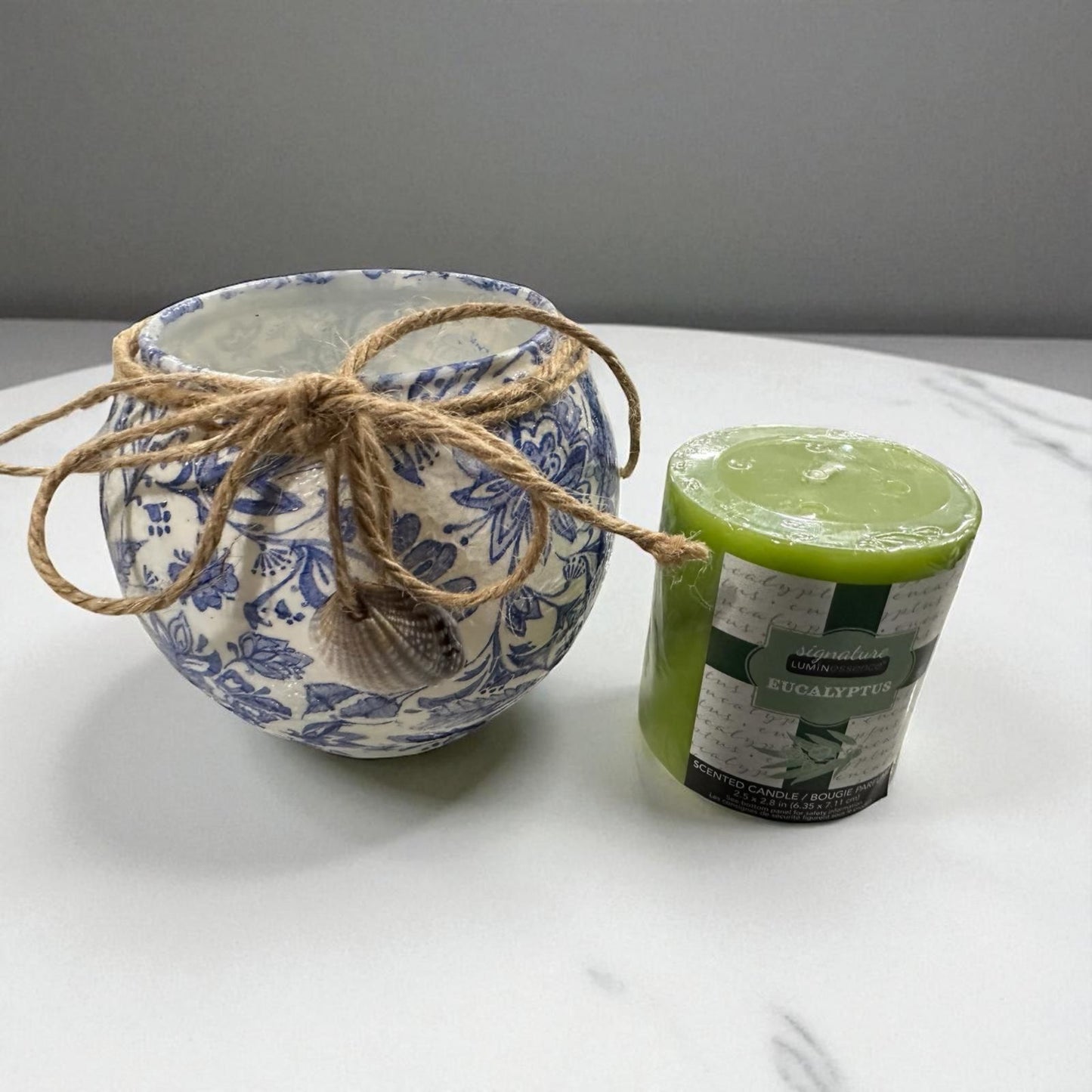Glass Decoupage Candle Holder & Candle- Blue Flowers with Jute/Shell Charm