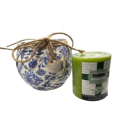 Glass Decoupage Candle Holder & Candle- Blue Flowers with Jute/Shell Charm