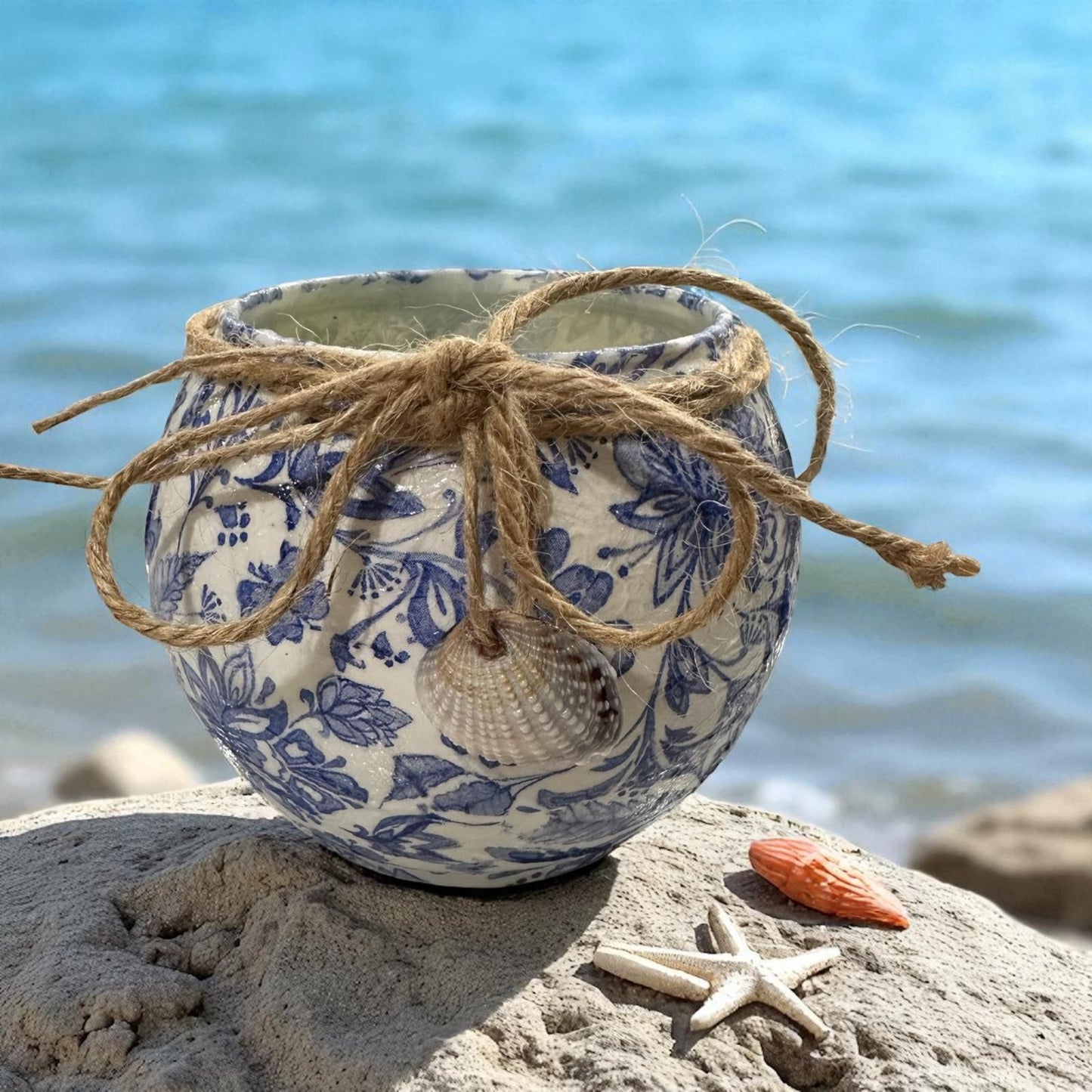 Glass Decoupage Candle Holder & Candle- Blue Flowers with Jute/Shell Charm
