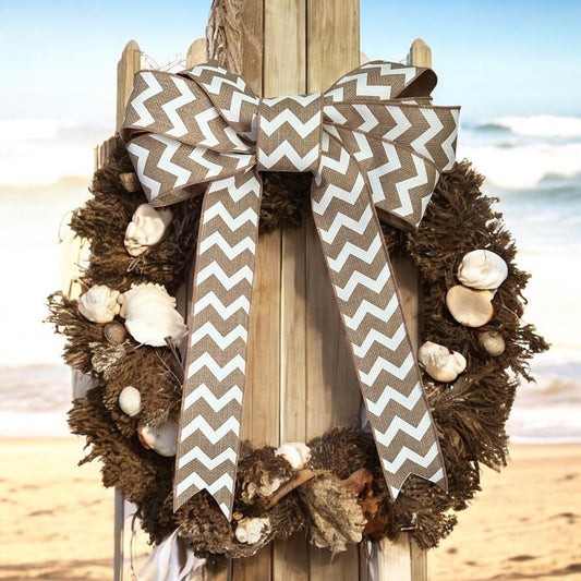 Chevron Burlap Wired Ribbon Bow – 14"x20" Removable Wreath Bow with Floral Wire for Seasonal Front Door & Home Decor Accents