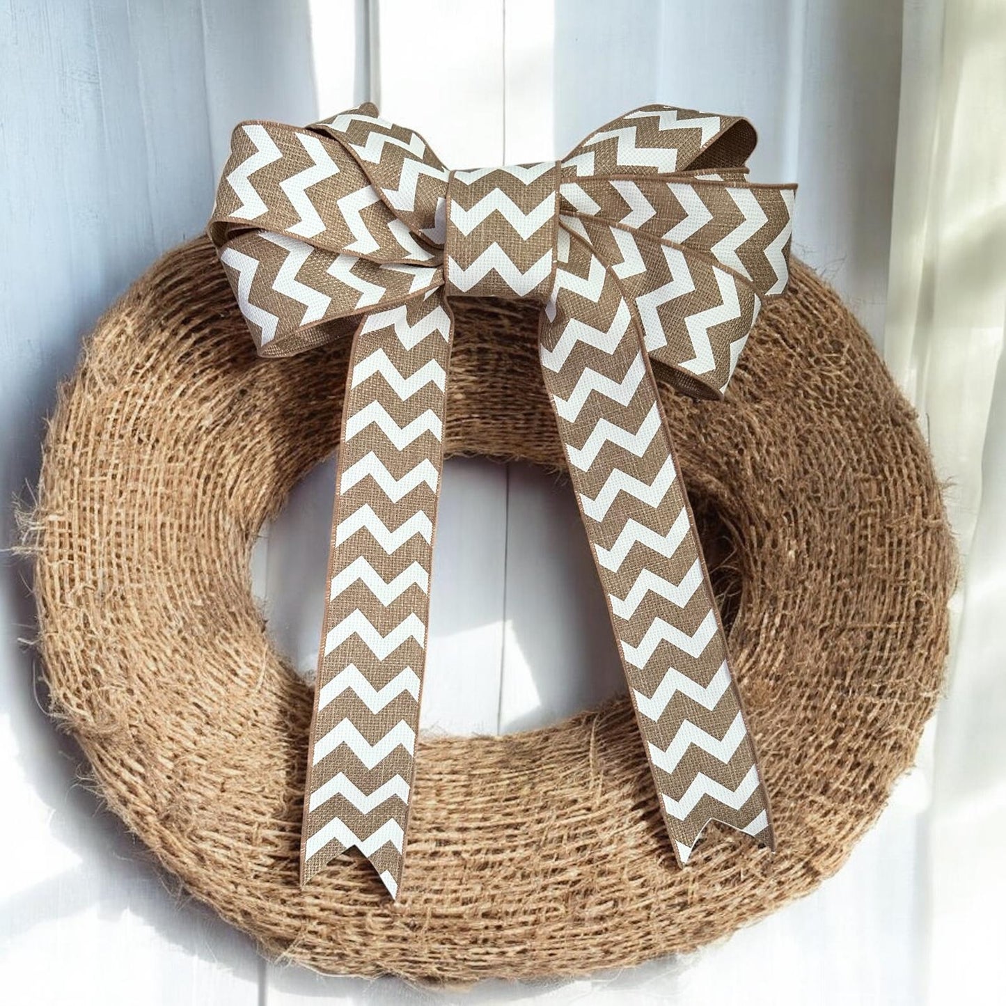 Chevron Burlap Wired Ribbon Bow – 14"x20" Removable Wreath Bow with Floral Wire for Seasonal Front Door & Home Decor Accents