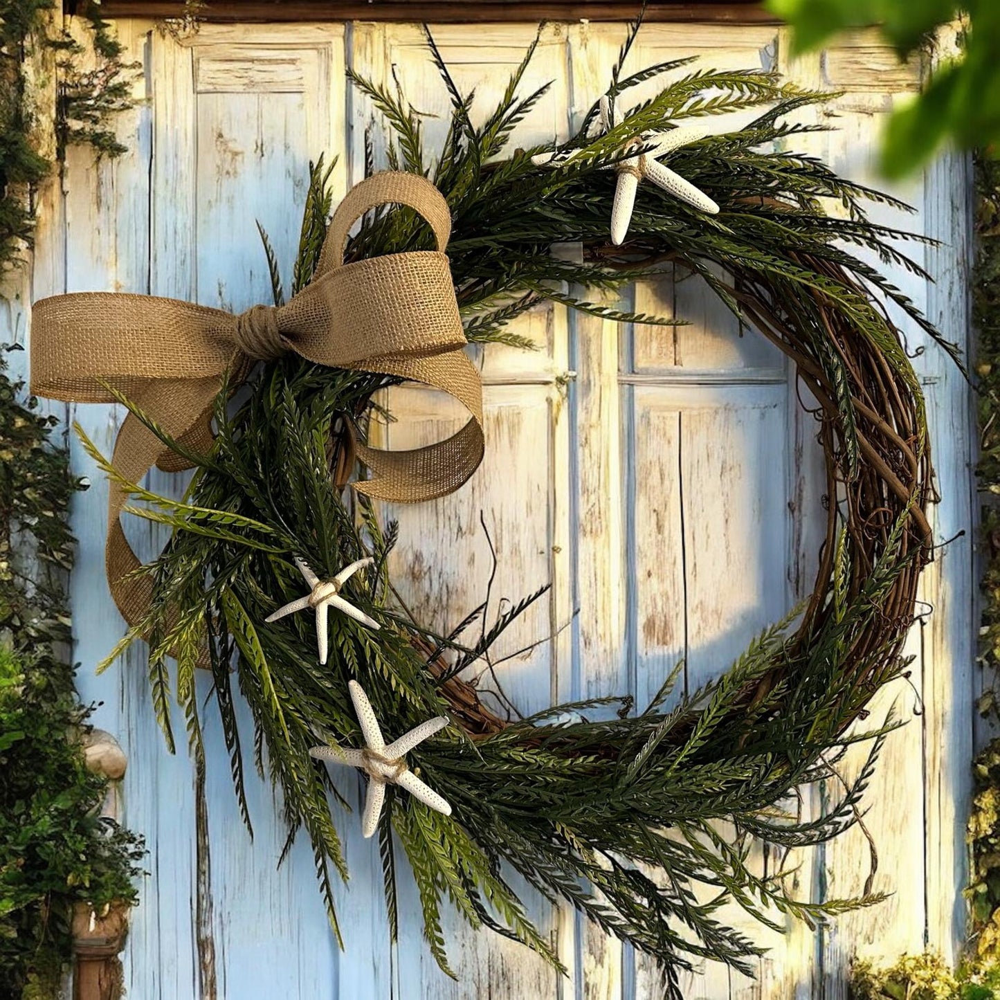 Door Sawgrass Greenery Wreath with Removable Burlap Bow