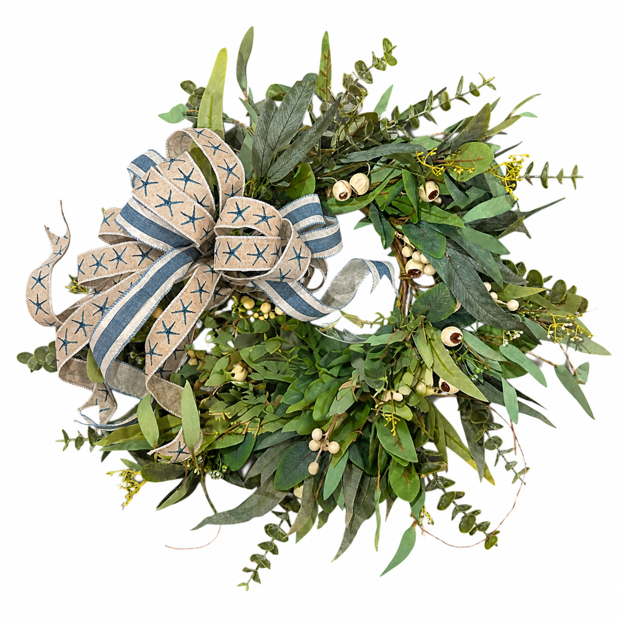 Handmade Coastal Patriotic Wreath with Removable Wooden Flag Sign | 18" Greenery Wreath | Natural Starfish & Jute Rope Americana Door Decor