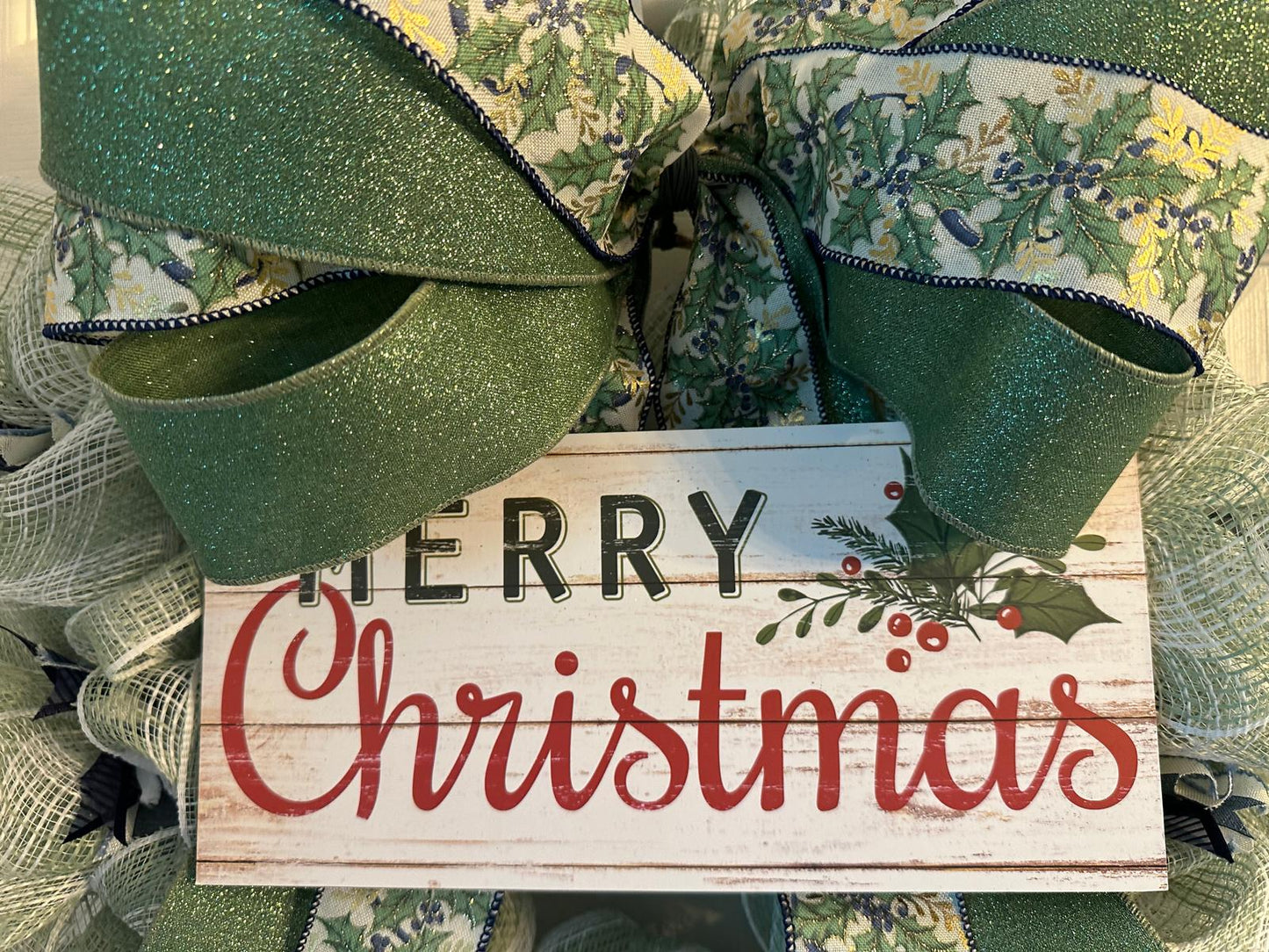 Handmade Mesh Burlap Christmas Wreath with Wooden “Merry Christmas” Sign | 18” Frame (Fluffs to 20”) | Farmhouse Holiday Door Décor