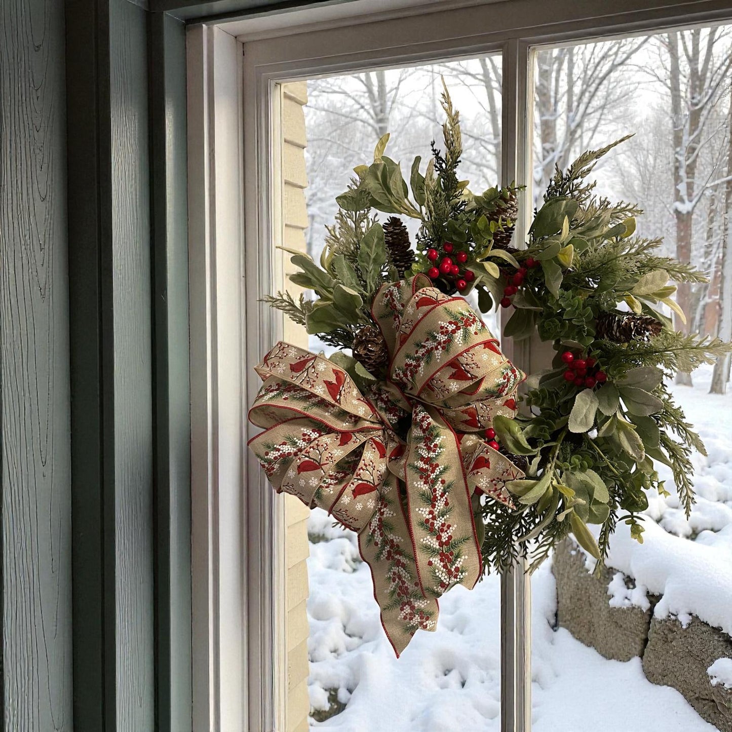 Handmade 18" Christmas Wreath (Fluffs to 20") with Cardinal Ribbon, Pinecones & Red Berries | Farmhouse Holiday Door Décor