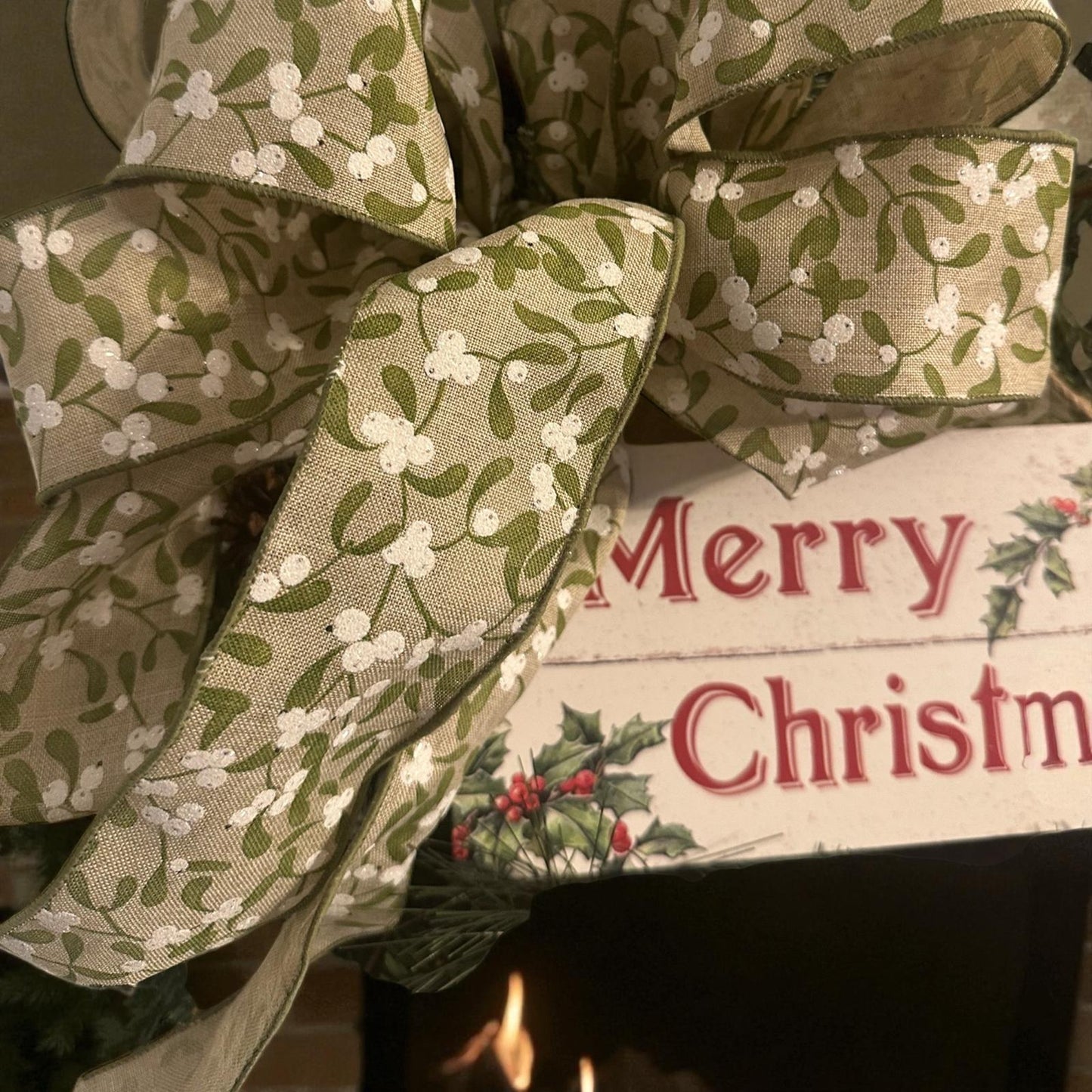 Handmade 18" Christmas Wreath (Fluffs to 20") with Wooden “Merry Christmas” Sign & Mistletoe Ribbon | Farmhouse Holiday Door Décor