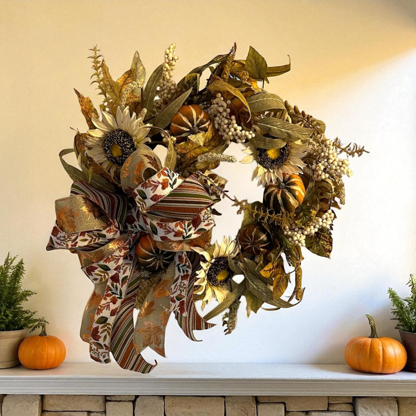 Handcrafted Fall Sunflower & Pumpkin Wreath with Autumn Leaves and Ribbon Bow – Thanksgiving Door or Mantel Decor