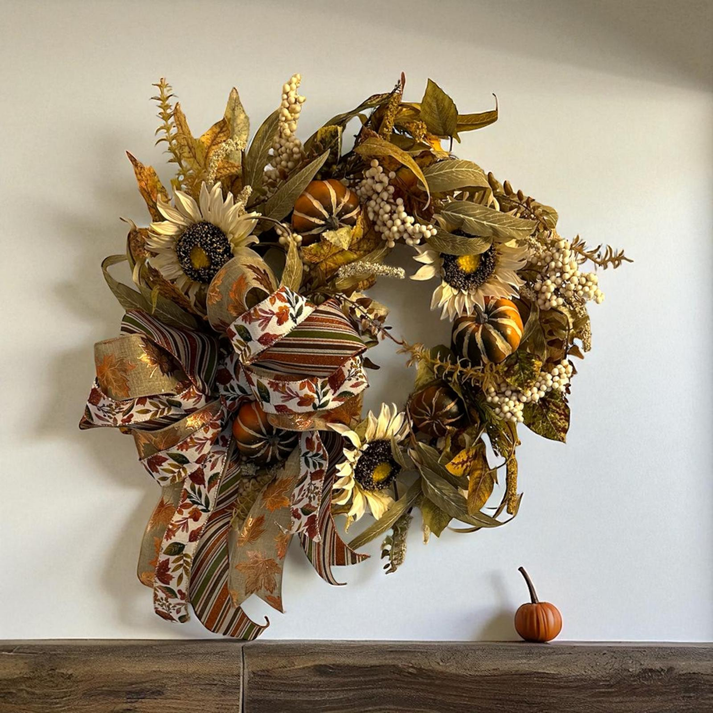 Handcrafted Fall Sunflower & Pumpkin Wreath with Autumn Leaves and Ribbon Bow – Thanksgiving Door or Mantel Decor