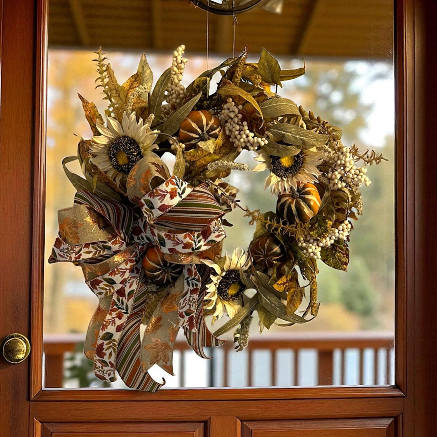 Handcrafted Fall Sunflower & Pumpkin Wreath with Autumn Leaves and Ribbon Bow – Thanksgiving Door or Mantel Decor