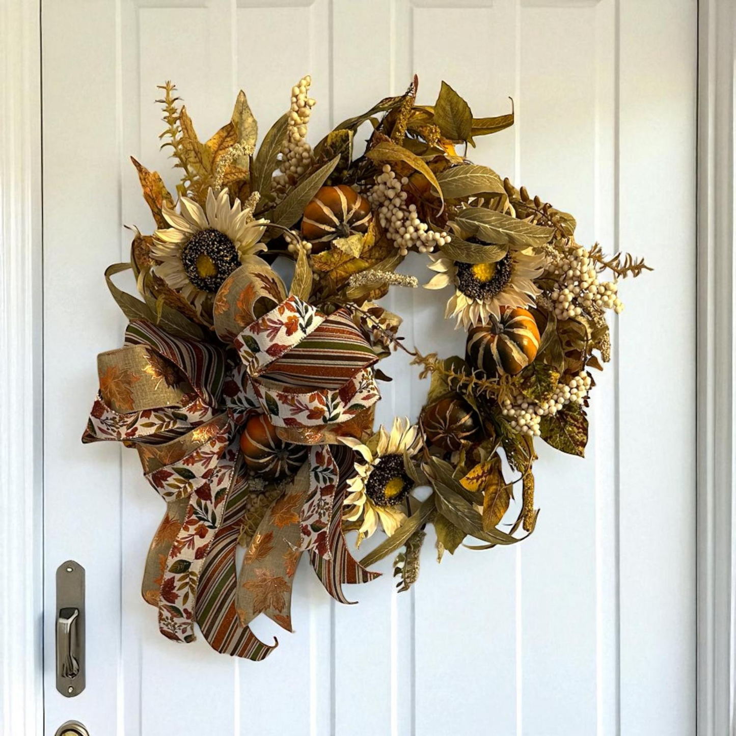 Handcrafted Fall Sunflower & Pumpkin Wreath with Autumn Leaves and Ribbon Bow – Thanksgiving Door or Mantel Decor