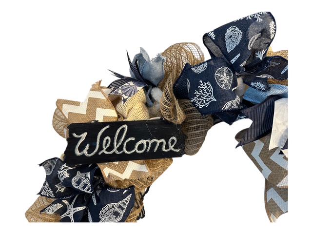 Nautical Welcome Wreath with Starfish & Chevron Ribbon | Beach House Front Door Decor | Coastal Deco Mesh in Navy Burlap