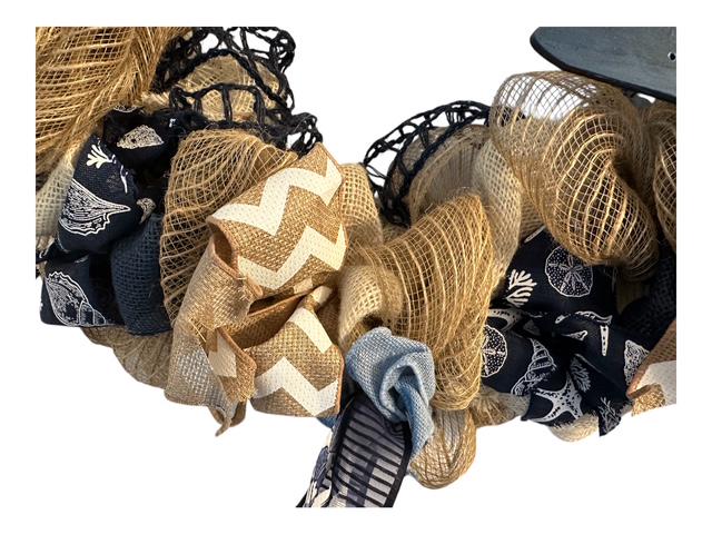 Nautical Welcome Wreath with Starfish & Chevron Ribbon | Beach House Front Door Decor | Coastal Deco Mesh in Navy Burlap