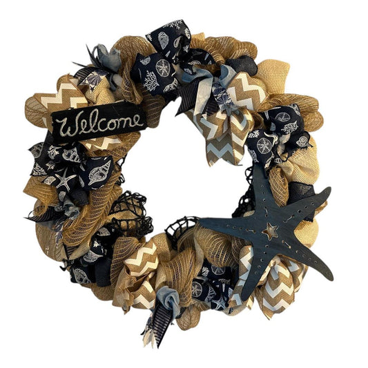 Nautical Welcome Wreath with Starfish & Chevron Ribbon | Beach House Front Door Decor | Coastal Deco Mesh in Navy Burlap