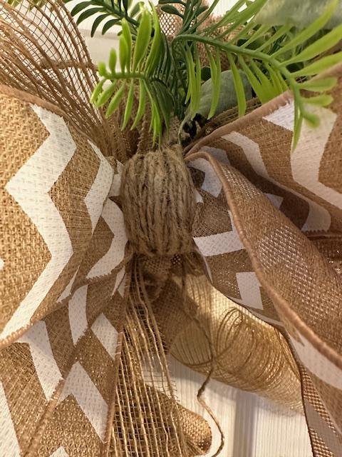 18" Ruffled Burlap Greenery Wreath With Wired Ribbon Chevron Bow- Farmhouse or Coastal Decor – Year-Round Wreath