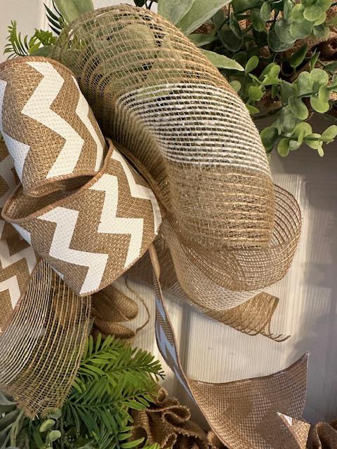 18" Ruffled Burlap Greenery Wreath With Wired Ribbon Chevron Bow- Farmhouse or Coastal Decor – Year-Round Wreath