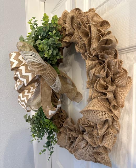 18" Ruffled Burlap Greenery Wreath With Wired Ribbon Chevron Bow- Farmhouse or Coastal Decor – Year-Round Wreath