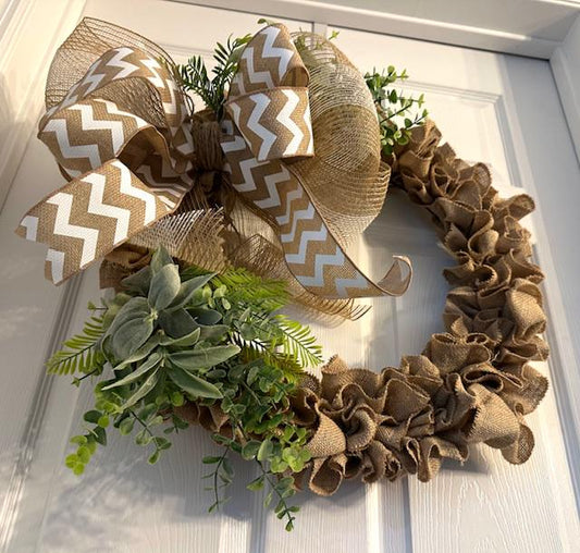 18" Ruffled Burlap Greenery Wreath With Wired Ribbon Chevron Bow- Farmhouse or Coastal Decor – Year-Round Wreath