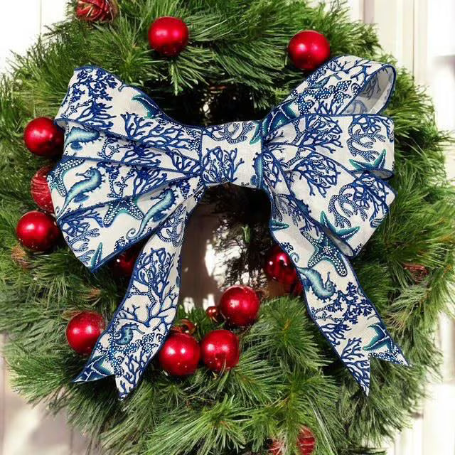 Large Coastal Bow 15" – Nautical Wired Ribbon Wreath Bow with Easy Floral Wire Attachment – Beach House Decor