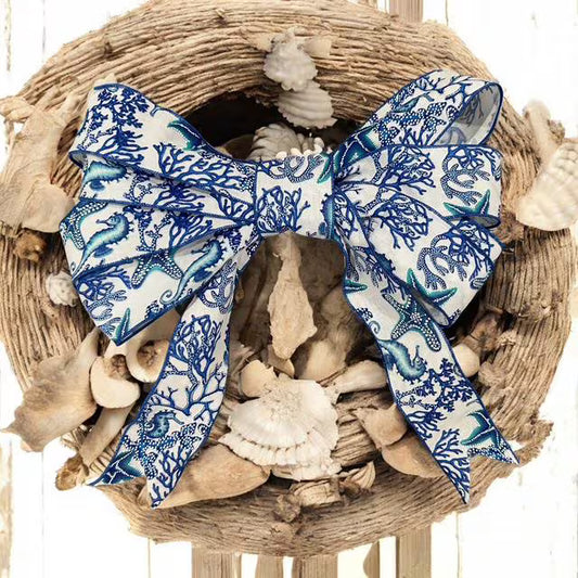 Large Coastal Bow 15" – Nautical Wired Ribbon Wreath Bow with Easy Floral Wire Attachment – Beach House Decor