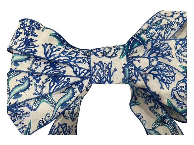 Large Coastal Bow 15" – Nautical Wired Ribbon Wreath Bow with Easy Floral Wire Attachment – Beach House Decor