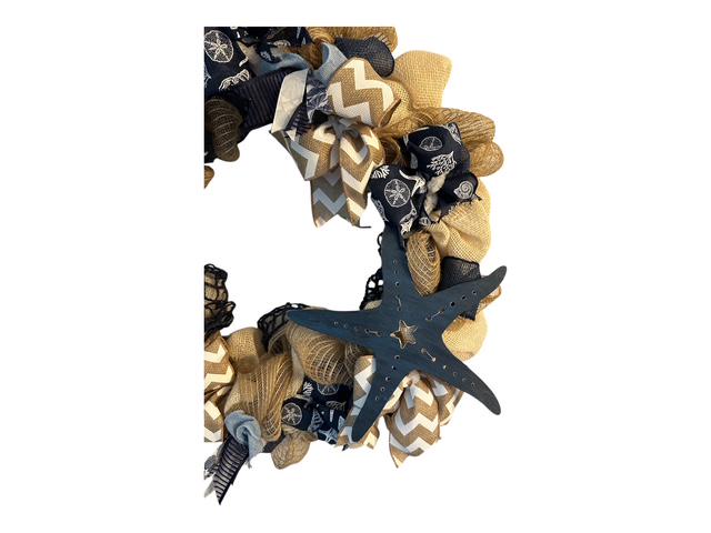 Nautical Welcome Wreath with Starfish & Chevron Ribbon | Beach House Front Door Decor | Coastal Deco Mesh in Navy Burlap