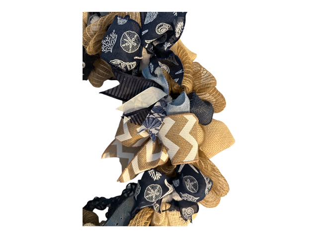 Nautical Welcome Wreath with Starfish & Chevron Ribbon | Beach House Front Door Decor | Coastal Deco Mesh in Navy Burlap