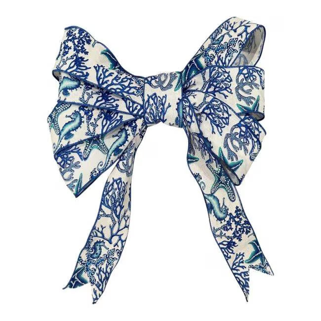 Large Coastal Bow 15" – Nautical Wired Ribbon Wreath Bow with Easy Floral Wire Attachment – Beach House Decor