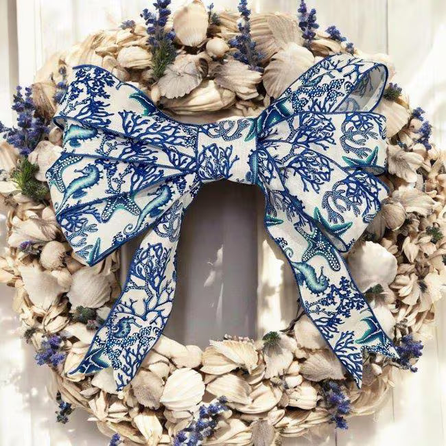 Large Coastal Bow 15" – Nautical Wired Ribbon Wreath Bow with Easy Floral Wire Attachment – Beach House Decor