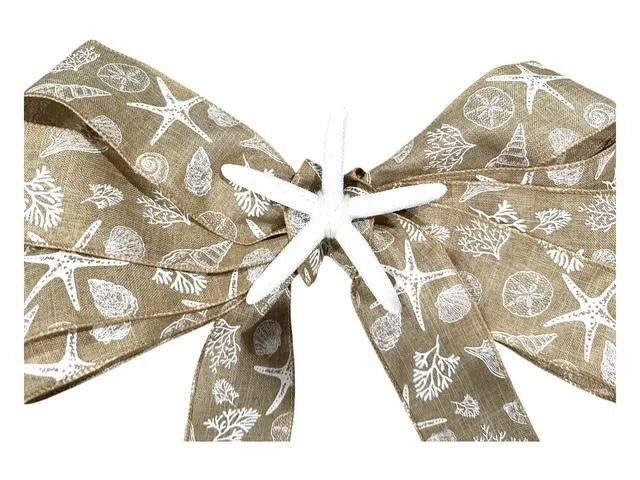 18" Green Mesh Burlap Wreath with Starfish & Removable Coastal Wired Ribbon Bow – Coastal Door- Beach House