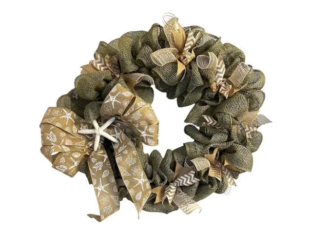18" Green Mesh Burlap Wreath with Starfish & Removable Coastal Wired Ribbon Bow – Coastal Door- Beach House