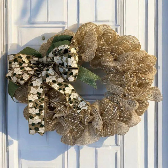 18" Tan Mesh Burlap Wreath with Magnolia & Green Wired Removable Bow – Coastal / Farmhouse Door Wreath - Beach House Decor