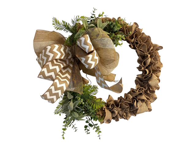 18" Ruffled Burlap Greenery Wreath With Wired Ribbon Chevron Bow- Farmhouse or Coastal Decor – Year-Round Wreath