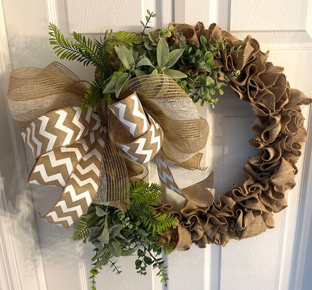 18" Ruffled Burlap Greenery Wreath With Wired Ribbon Chevron Bow- Farmhouse or Coastal Decor – Year-Round Wreath
