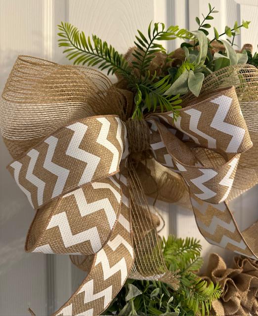 18" Ruffled Burlap Greenery Wreath With Wired Ribbon Chevron Bow- Farmhouse or Coastal Decor – Year-Round Wreath