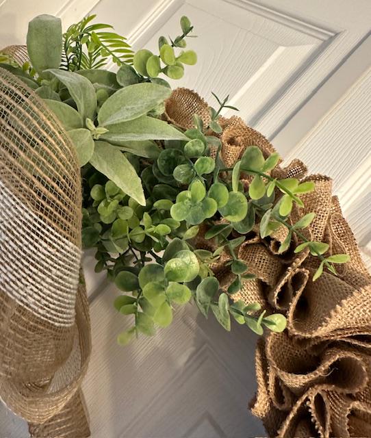 18" Ruffled Burlap Greenery Wreath With Wired Ribbon Chevron Bow- Farmhouse or Coastal Decor – Year-Round Wreath