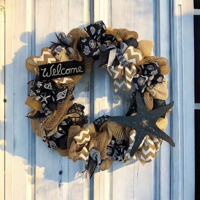 Nautical Welcome Wreath with Starfish & Chevron Ribbon | Beach House Front Door Decor | Coastal Deco Mesh in Navy Burlap