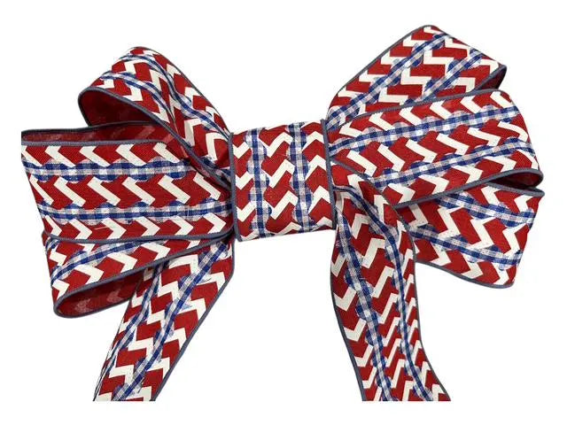 Large Patriotic 6 Loop Bow – Red, White & Blue Wired Ribbon Bow with Floral Wire Attachment