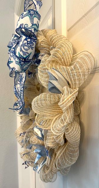 18" Cream Mesh Burlap Wreath with Coastal Wired Bow & Real Starfish – Coastal or Farmhouse Door Decor